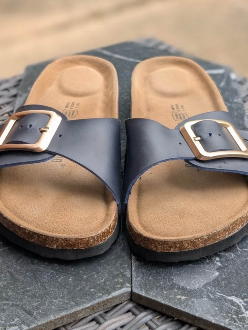 Project Cloud Single-Buckle Slide Sandals in Navy with Gold Buckle